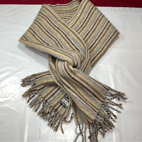 Christina Chiti WOOL shawl SCARF Tan Blue Cream STRIPED SHAWL fringe Wrap 17x65” - Picture 13 of 16